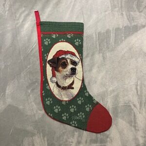 Linda Picken Jack Russell Christmas Stocking Dog Santa Hat Paw Print Green Red‎